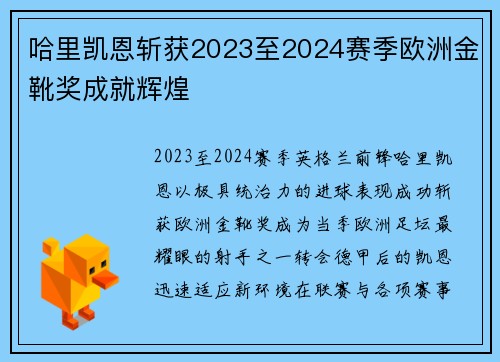 哈里凯恩斩获2023至2024赛季欧洲金靴奖成就辉煌